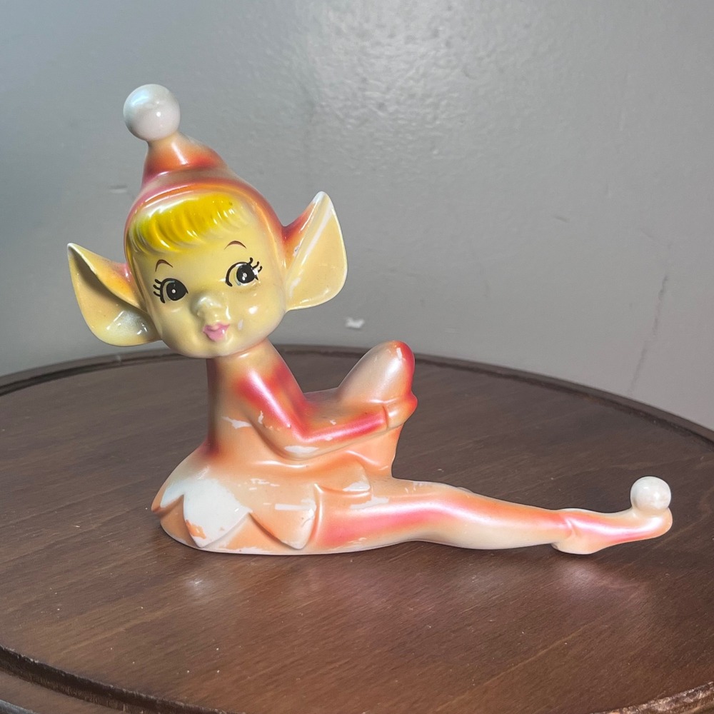 Vtg Mid Century Pixie Elf Figurine Orange Yellow Ceramic Japan Kitsch 5" x 6"